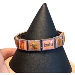 Vintage Easter Tile Enamel Panel Stretch Bracelet 6.5" Holiday Jewelry Bunny